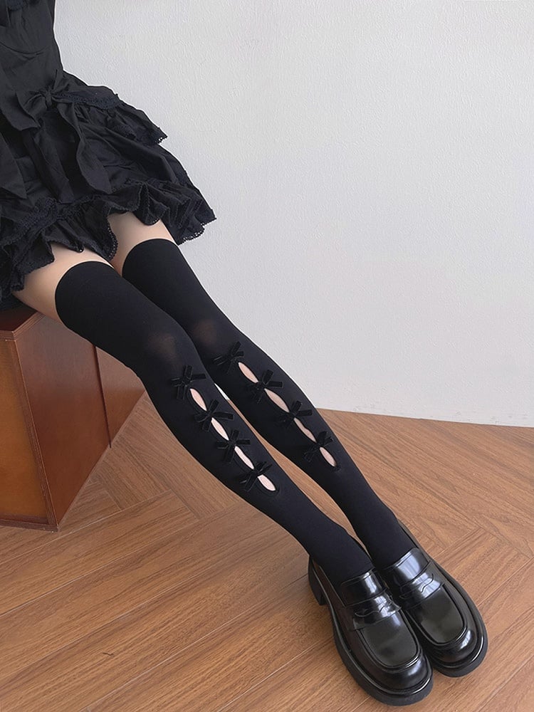 Black/White Overknee Design Cut-out Bowknot Stockings