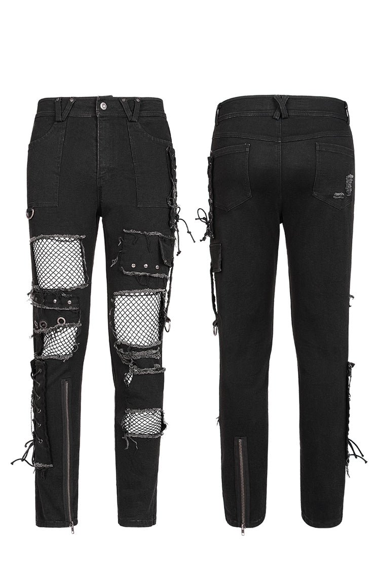 Men's Punk Pants with Hollow Lace-Up Ripped Design