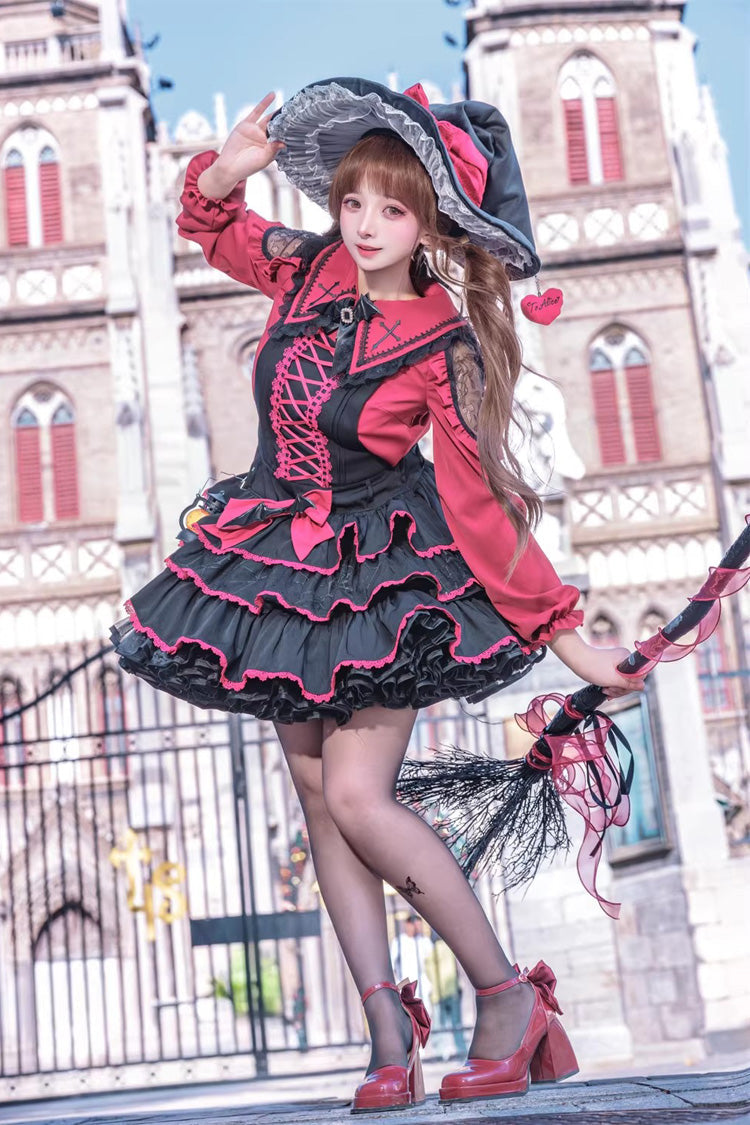 Black Red Showa Cake Sleeveless Triple-Layered Ruffled Bow Lace-Up Witch Gothic Jsk Dress