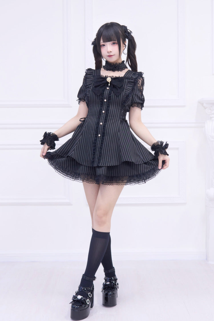 Noir Short Sleeve Striped Ruffle Bow Gothic Jirai Kei Set - Waltz