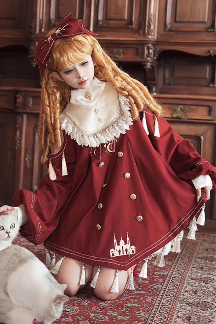Crimson Starry Night Long Sleeve Frill Embroidery Princess Sweet Lolita Dress Complete Set