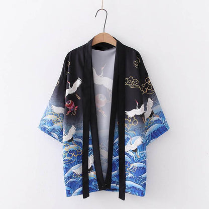 Crane Print Belted Kimono Outerwear Sun Protective