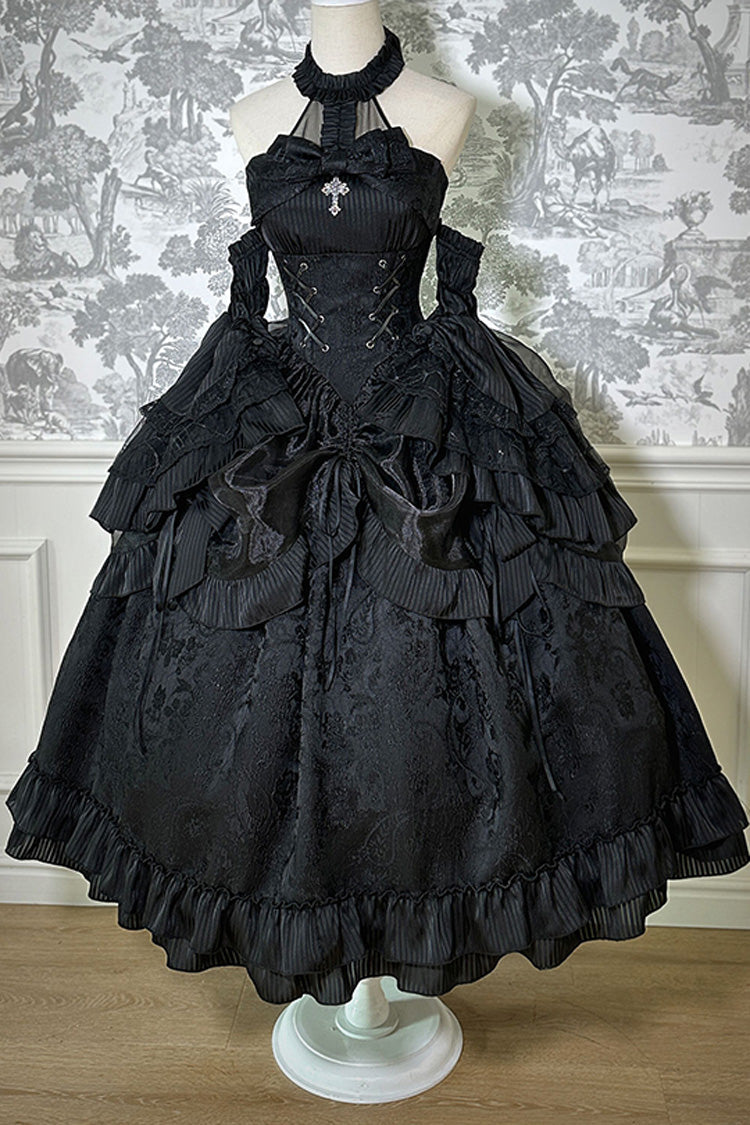 Solid Halterneck Ruffled Bowknot Drawstring Gothic Lolita Dress