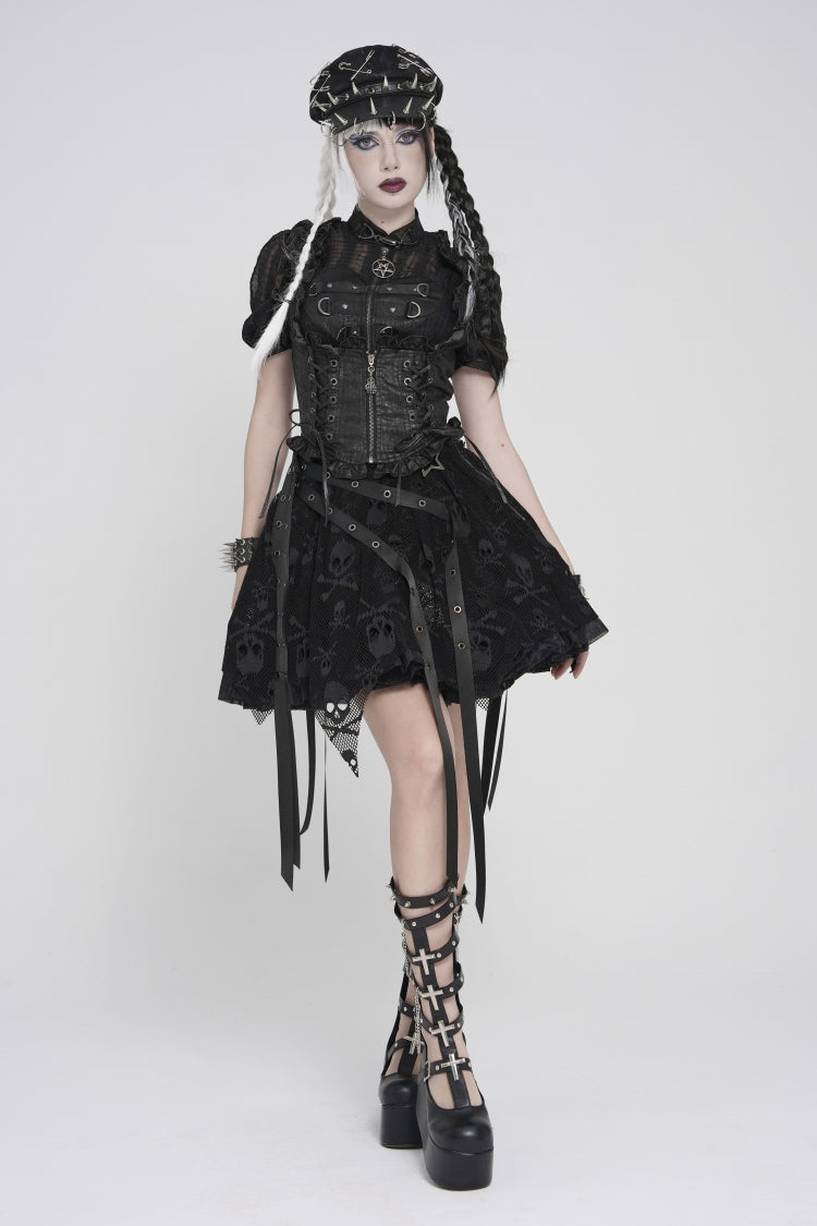 Gothic Swallow-Tail Vest for Her with Slim Zip & Lace-Up Bow