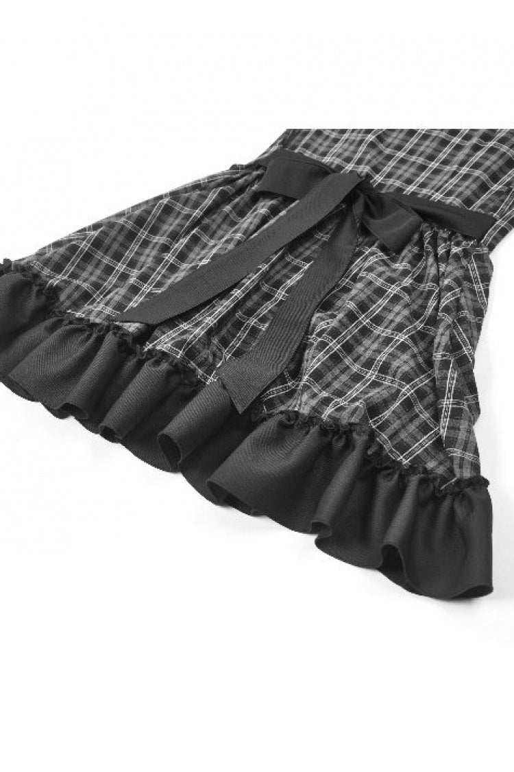 Monochrome Gothic Lolita Dress with Plaid, Stand Collar, and Lace-Up Front