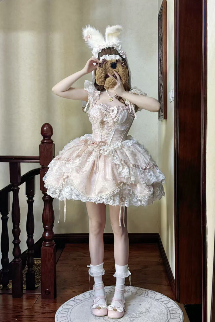 Pink [Anna’s Ball] Square Collar Ruffled Hanayome Bow Lace Sweet Princess Ballet Lolita Jsk Dress