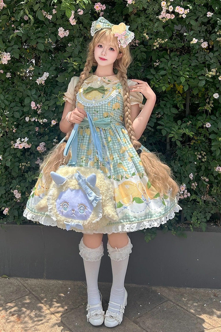 Verdant Printed Ruffle Bow Lace Sweet Jumper Dress - Lemon Chicken