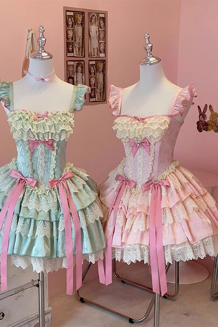 Pink Candy Multi-Layer Ruffle Bow Ballet Lolita Dress - Strawberry Candy