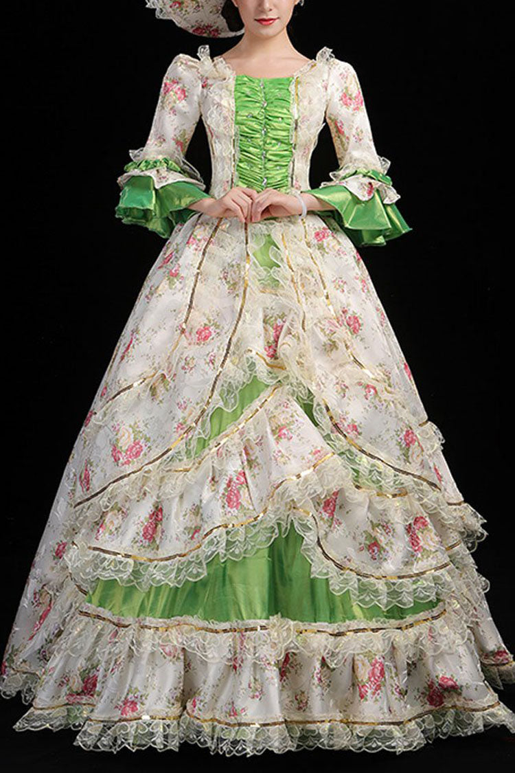 Floral Print Ruffled Multi-Layer Victorian Gown - Half Sleeves