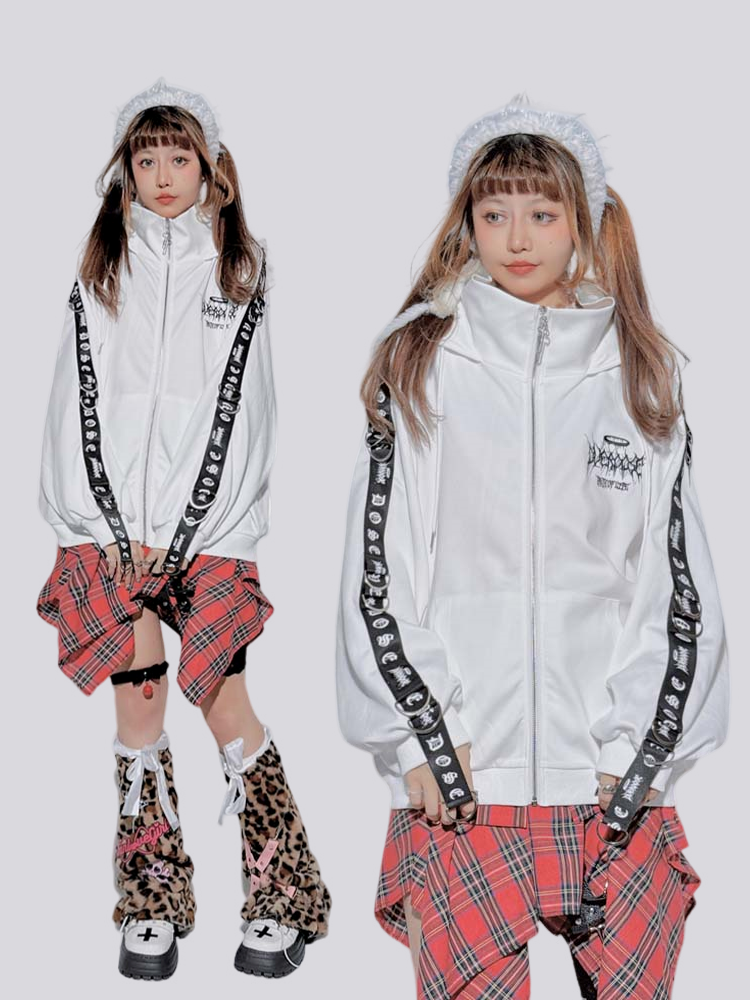 White Punk High-Neck Hooded Loose Jacket