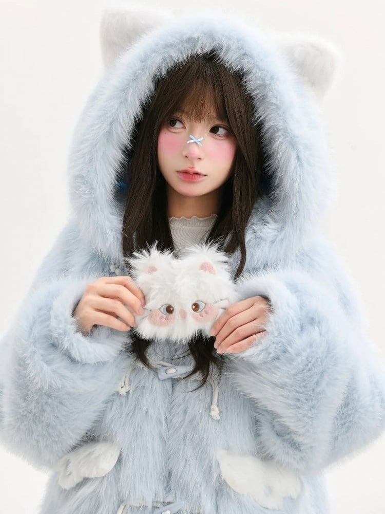 Blue Fluffy Cat Ears Hooded Faux Fur Coat Detachable Cat Plushie