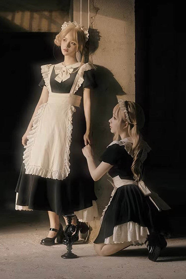 Monochrome Sweet Maid Dress with Ruffled Bow and Round Collar - Two Lengths