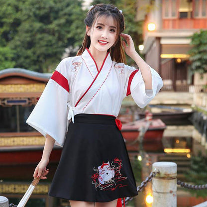 Vintage Fox Embroidery T-Shirt Lace Up Skirt Set