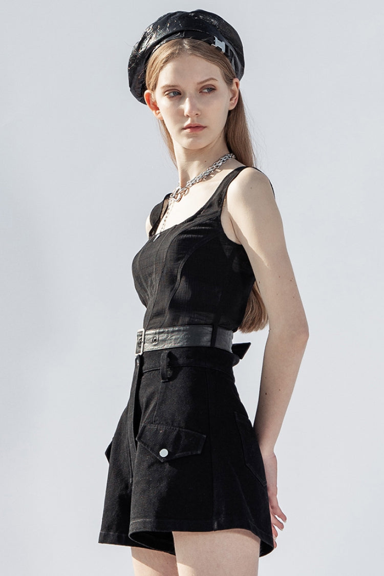 Noir Punk Waistcoat with Buckle Accents and Square Collar