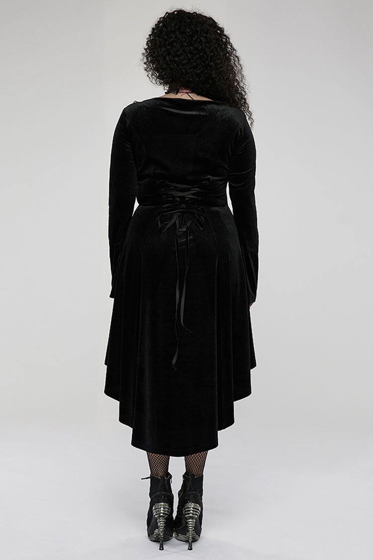 Gothic Velvet Embroidered Jacquard Neckline Trumpet Sleeve Asymmetric Dress