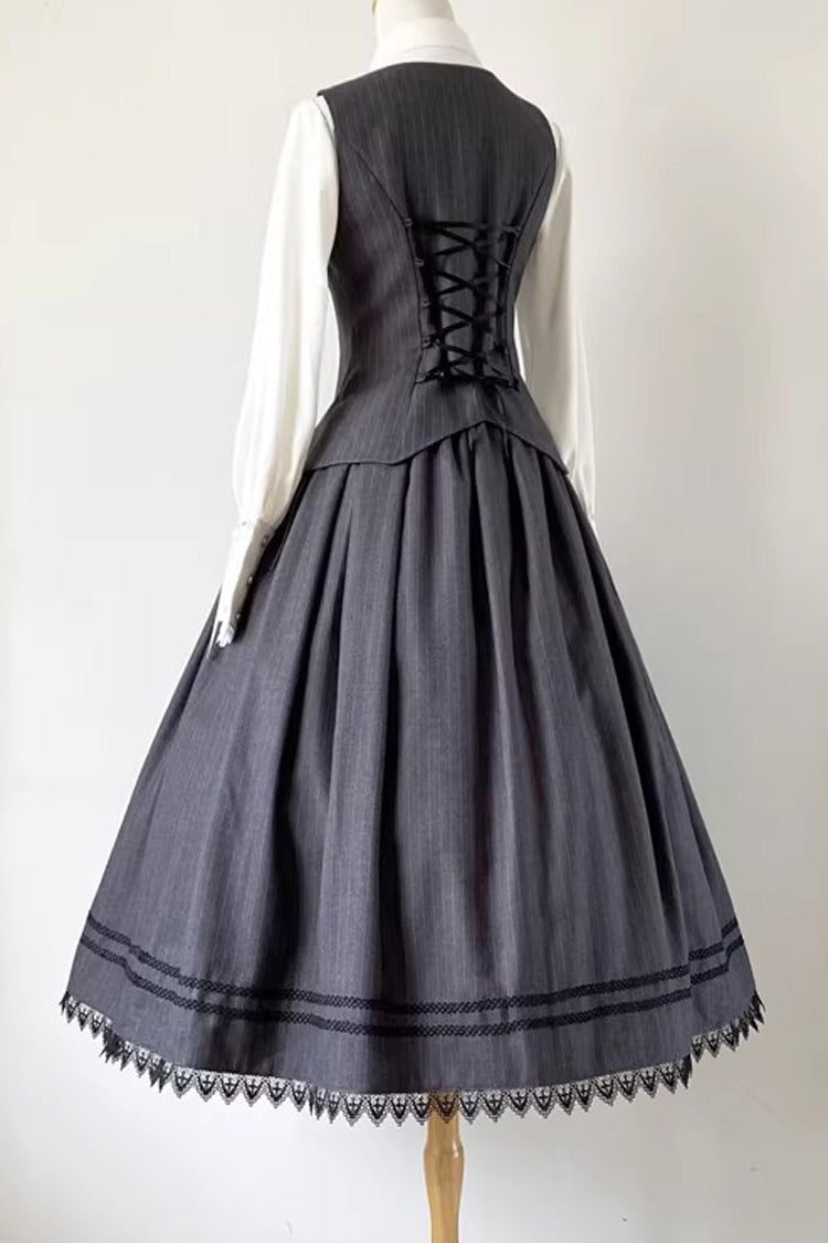 Ash Striped Gothic Skirt-Vest Ensemble with Ruffle Trim