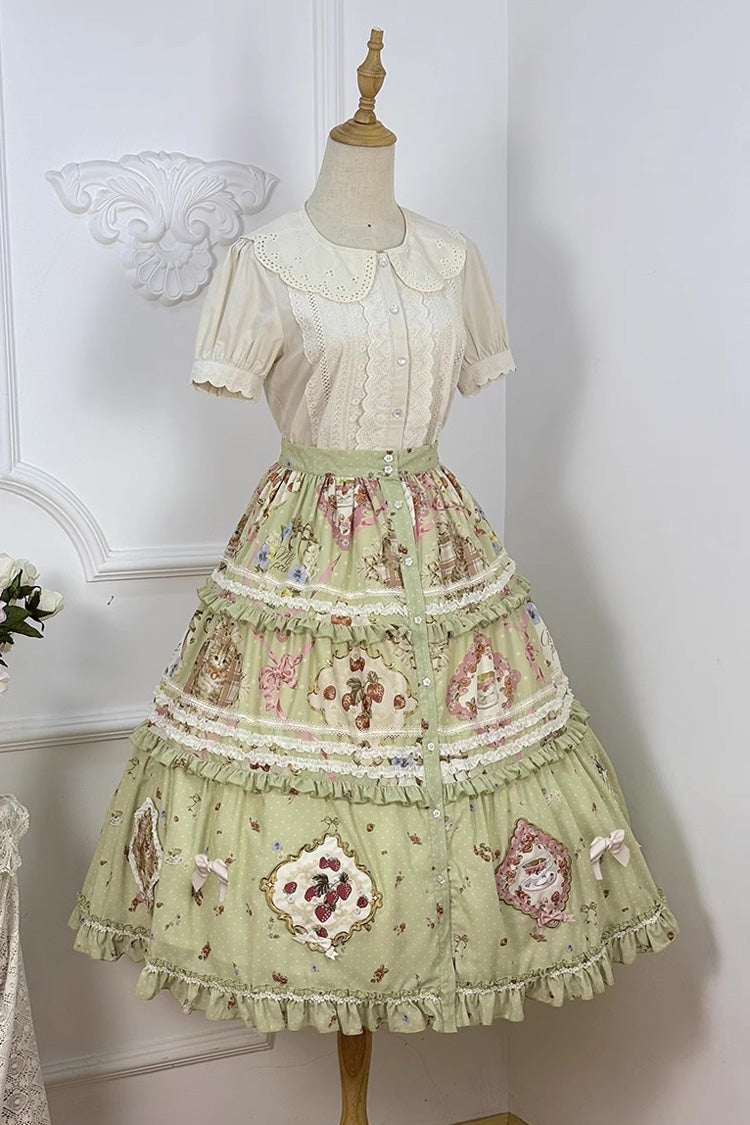 Green Cat Rose Tea Print Ruffle Sweet Lolita Skirt