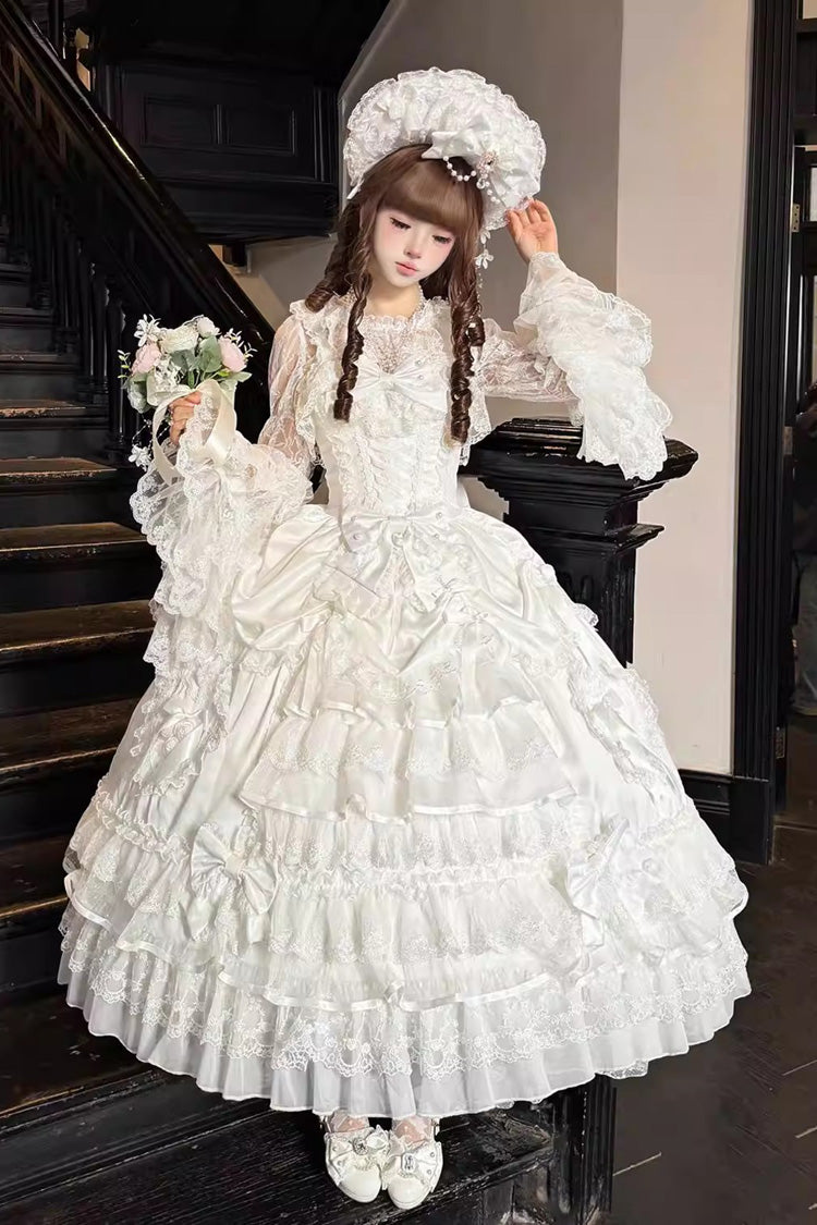 White Ode of the Curtain Multi-Layered Ruffled Hanayome Open-Front Bow Lace Lace-Up Sweet Long Jsk Dress