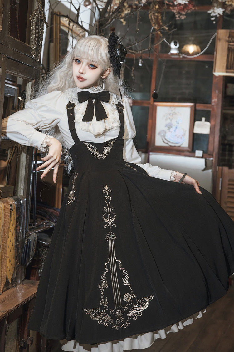 Black White Violin Variations Ruffled Embroidered Gothic Jumper Set