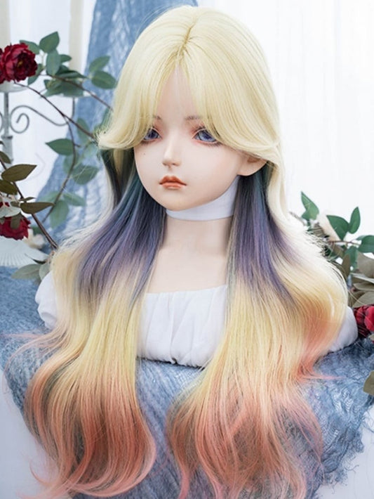 Rainbow Color Long Wavy Synthetic Wig With Curtain Bangs