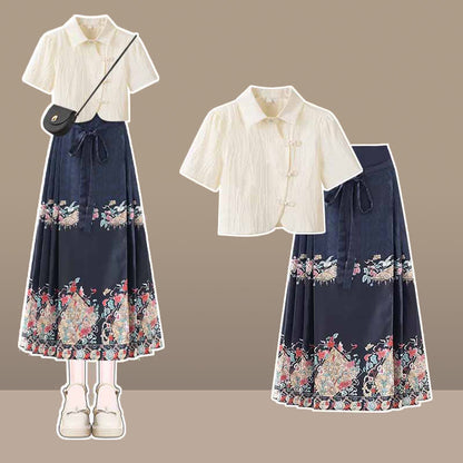 Graceful Hanfu Buckle T-Shirt Lace Up Graghic Print Pleated Skirt