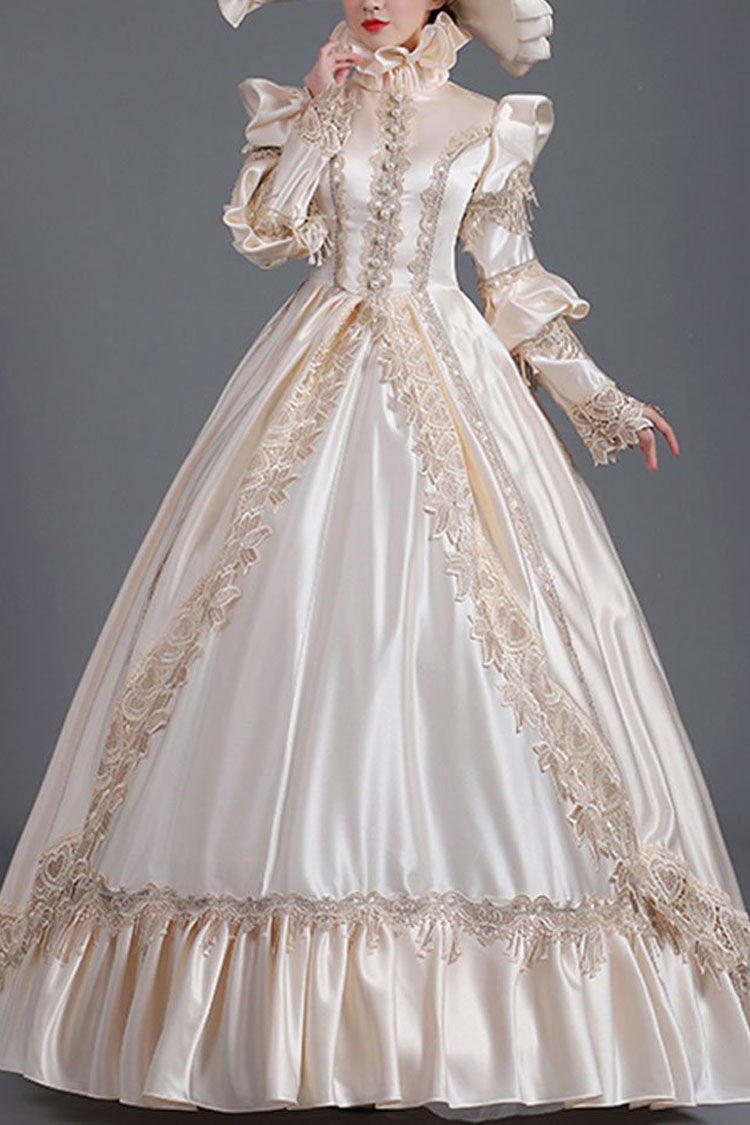 Champagne Victorian Gown with Ruffled Long Sleeves - Court Style
