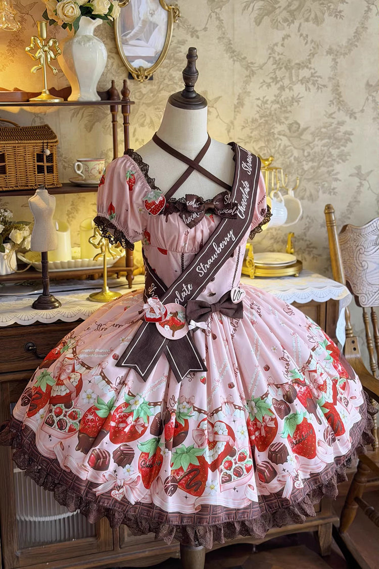 Chocolate Lover Square Collar Printed Bow Lace Sweet Lolita Dress