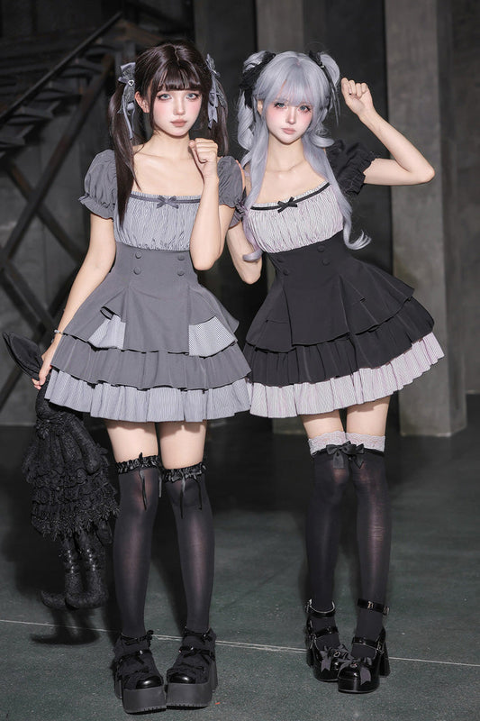 Halterneck Square Collar Ruffled Lolita Dress Set - Black/Grey
