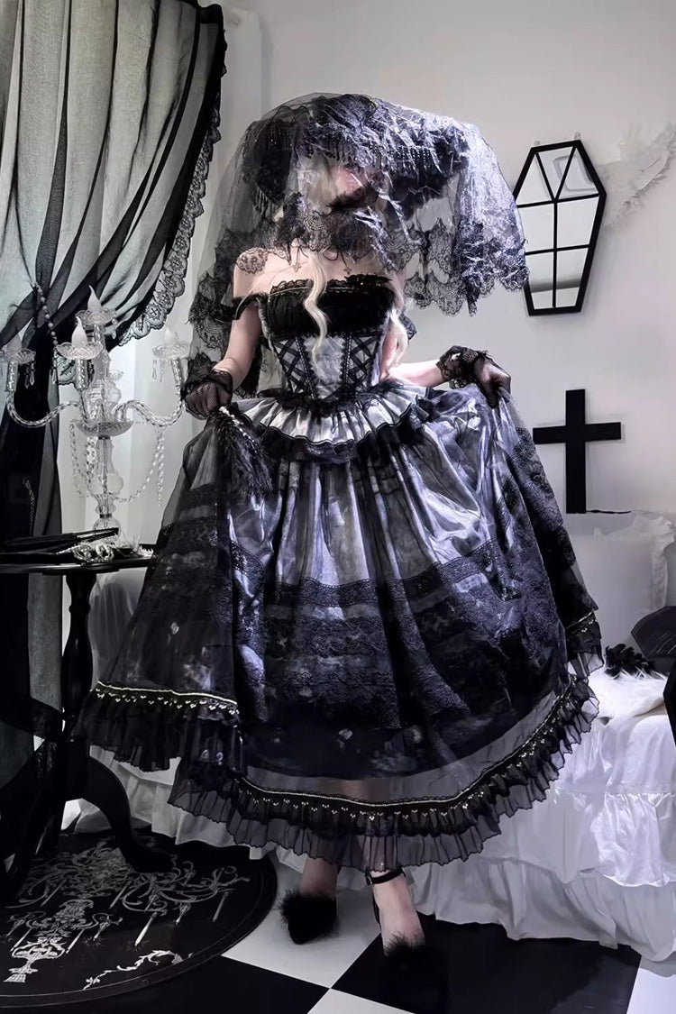Sweet Lolita JSK Skirt Set with Ruffle Bowknot, Lace-Up, Grey/Blue Mist Vineyard