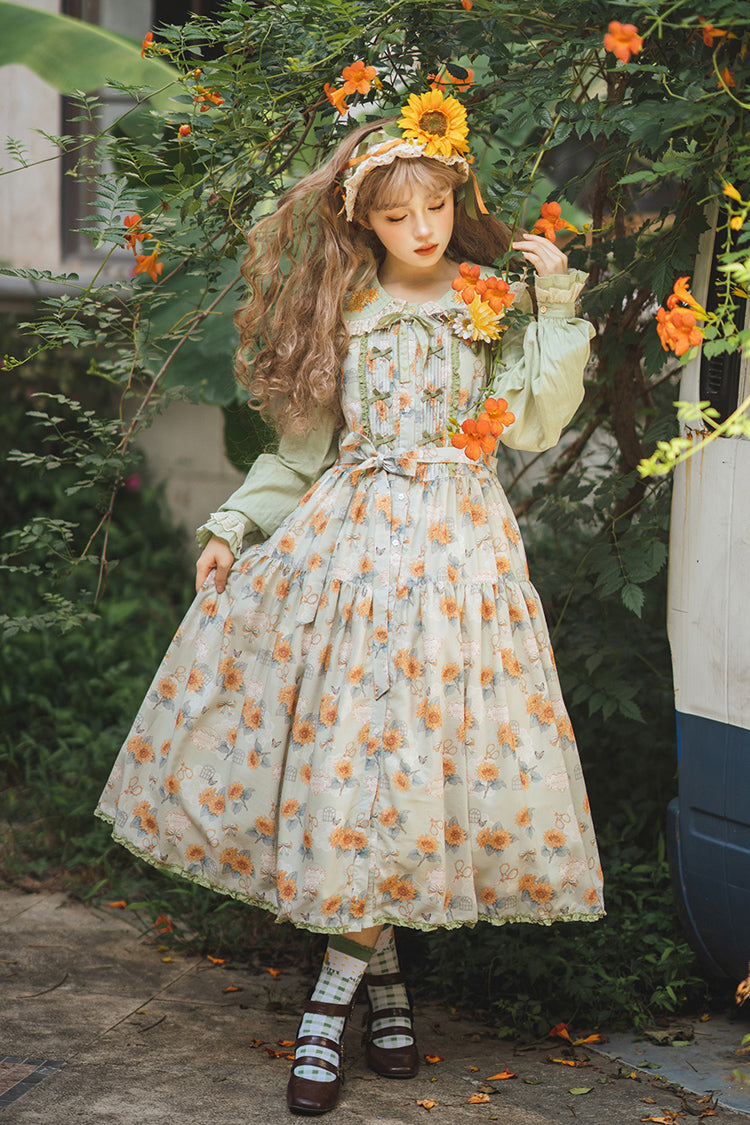 Green Sunflower Sleeveless Floral Bow Elegant Jsk Dress