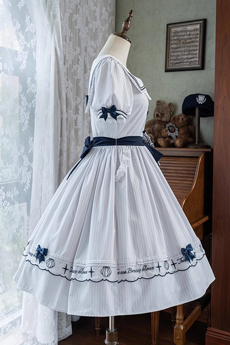 Navy Stripe Short Sleeve Ruffled Embroidery Sweet Lolita Dress