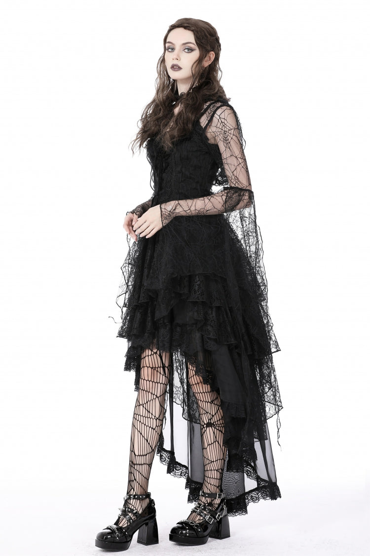 Midnight Spider Web Hooded Cape with Flared Lace-Up Sleeves - Gothic Sheer