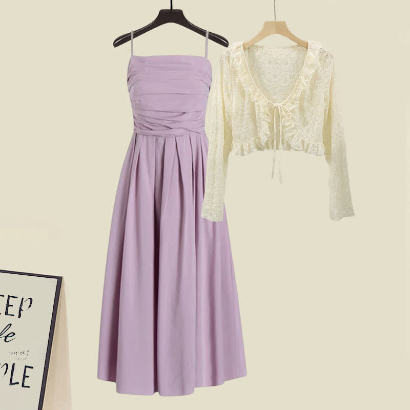 Lace Cardigan Ruffled Slip Purple Dress Set