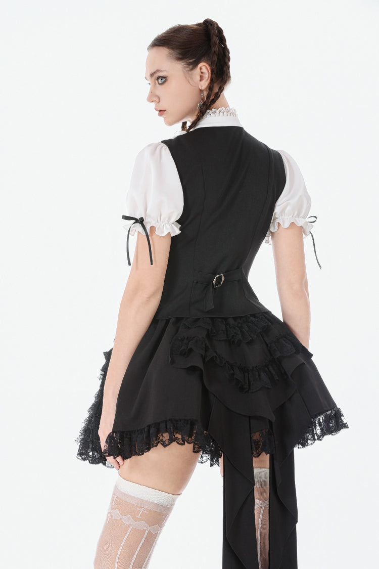 Monochrome Gothic Royal Blouse with Lace Ruffles and Stand Collar