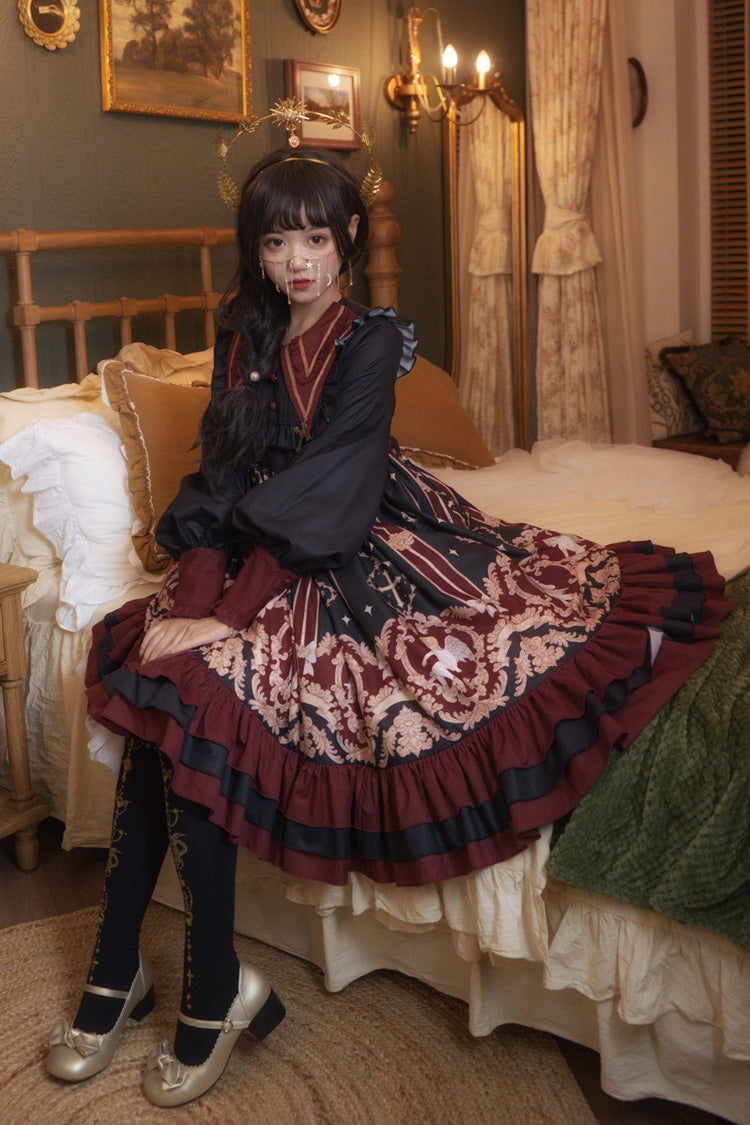 Angel Print Long Sleeve Sweet Lolita Dress with Bow and Ruffles