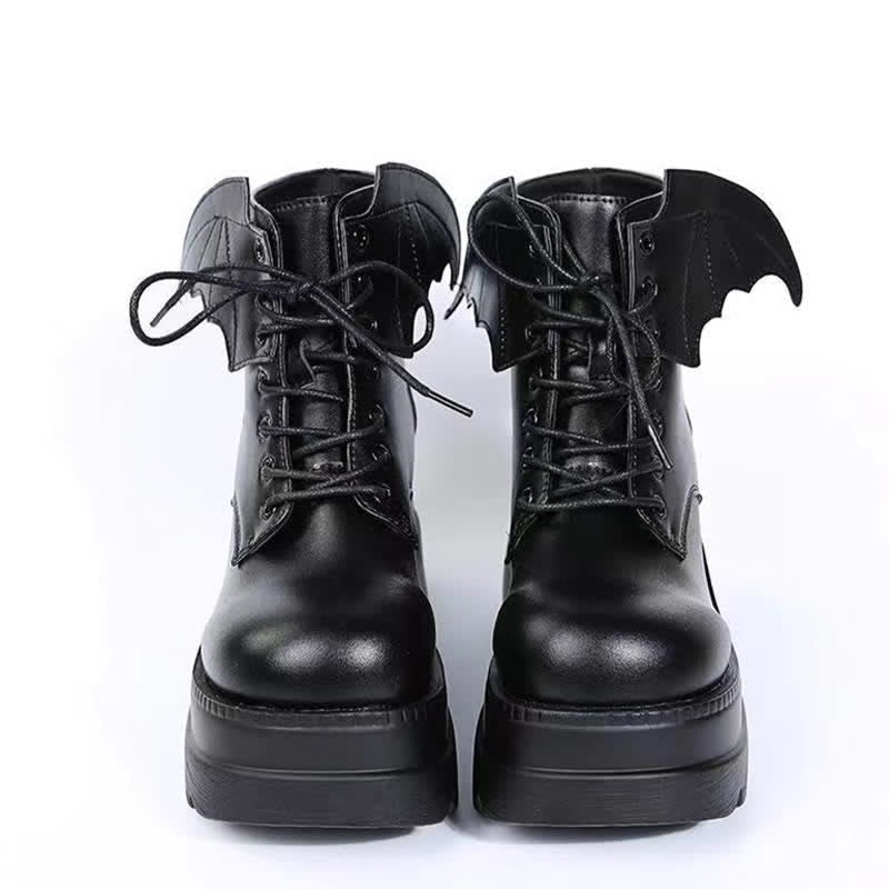 Black Punk Goth Wings Lace Up High Wedge Boots