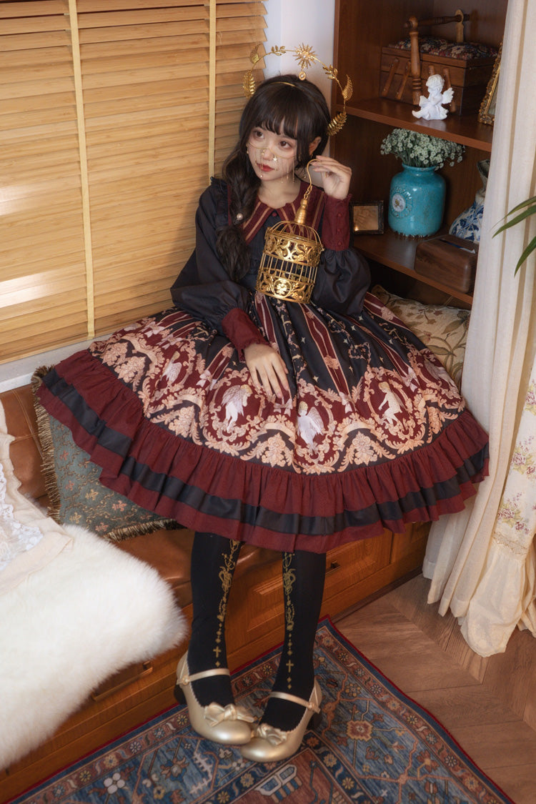 Angel Print Long Sleeve Sweet Lolita Dress with Bow and Ruffles
