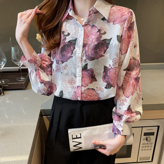 Pink Floral Embroidery Puff Sleeve Chiffon Shirt Workwear