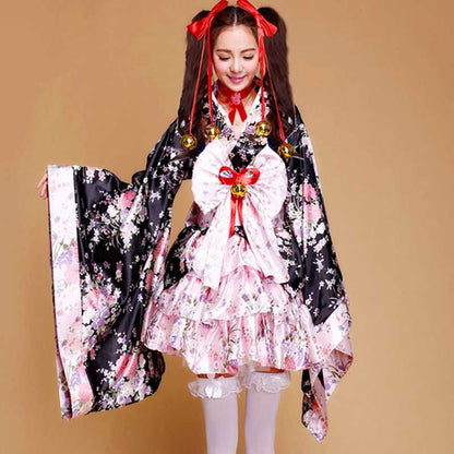 Cosplay Flower Print Bowknot Kimono Costume