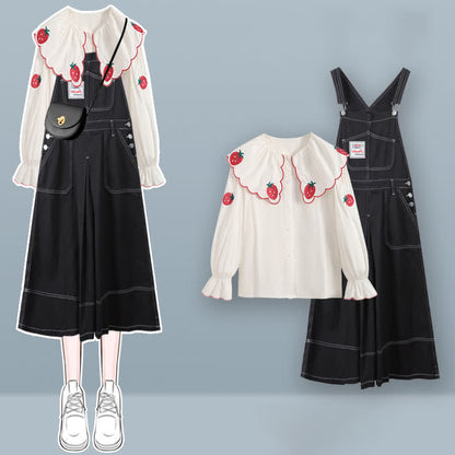 Strawberry Doll Collar Shirt Denim Overall Dress Set