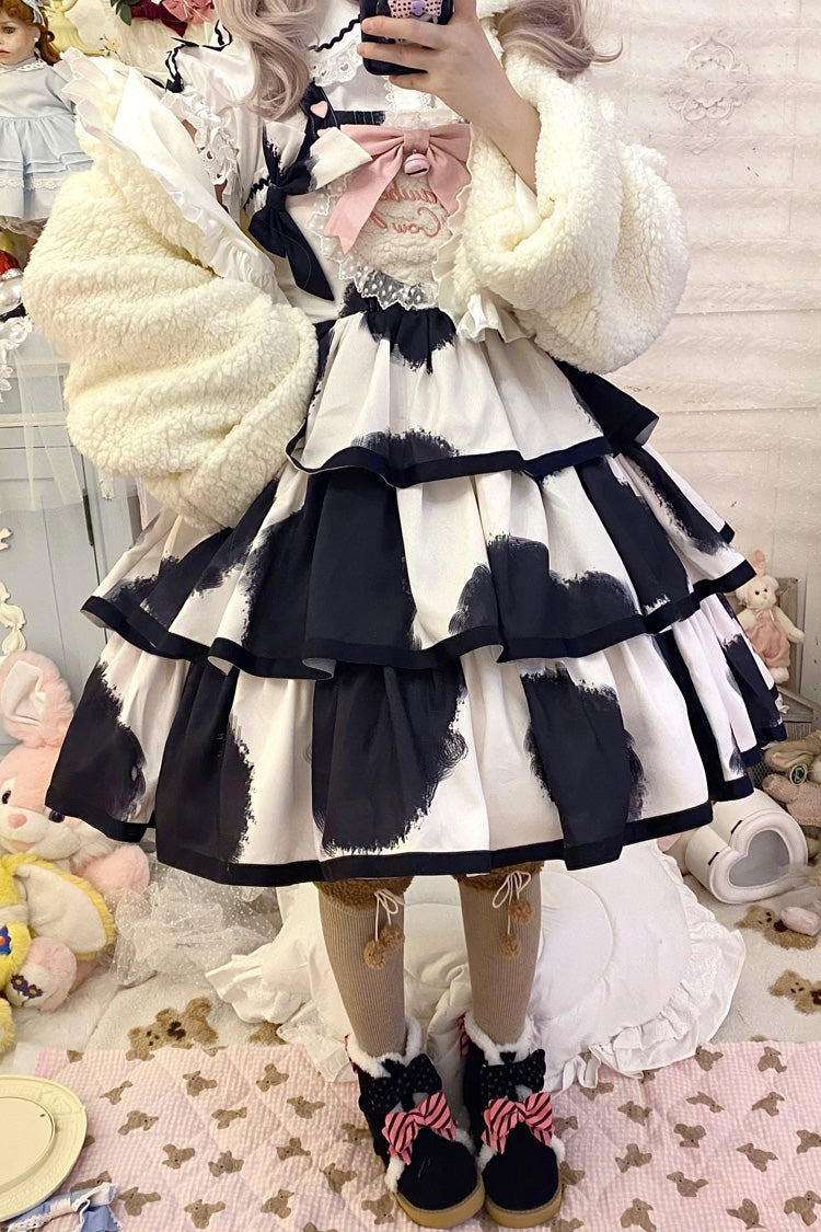Black Sleeveless Triple Layer Cow Print Ruffle Bow Sweet Jsk