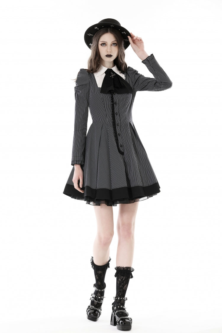 Black/White Notch Collar Puff Sleeve Gothic Striped Preppy Dress