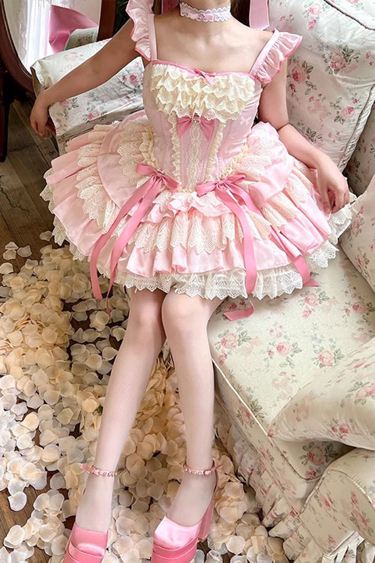 Pink Candy Multi-Layer Ruffle Bow Ballet Lolita Dress - Strawberry Candy