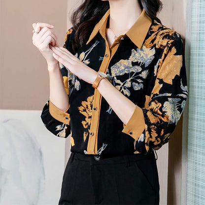 Vintage Lapel Leaves Print Shirt