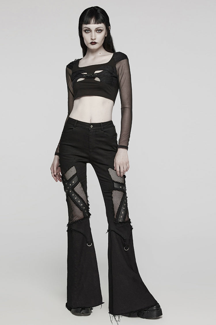 Flared Punk Pants with Eyelet Rings and Mesh Insets