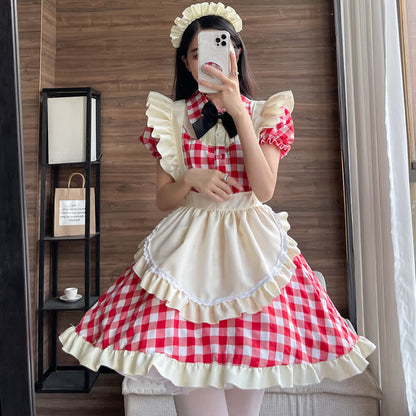 Sweet Bow Knot Ruffled Plaid Maid Dress