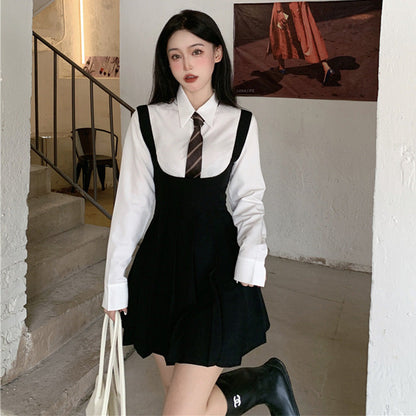 White Shirt Pleated Suspender Skirts Tie Set