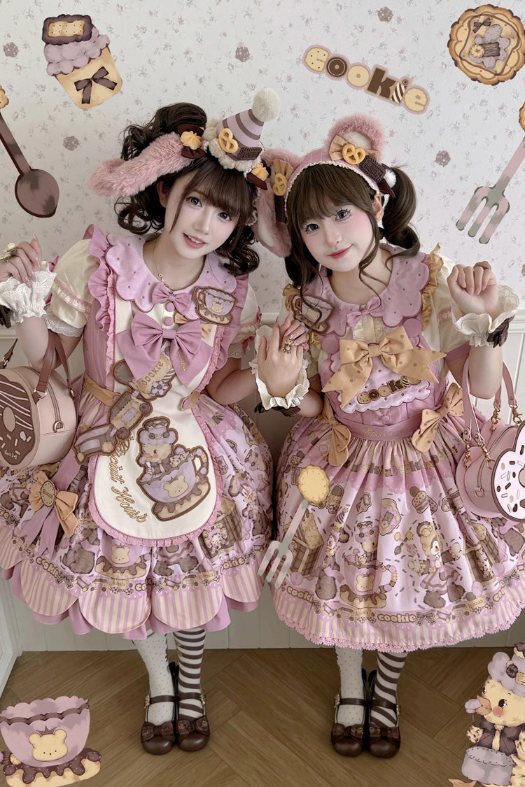 Teddy Bear Cookie Dessert Print Dress with Bow & Ruffles
