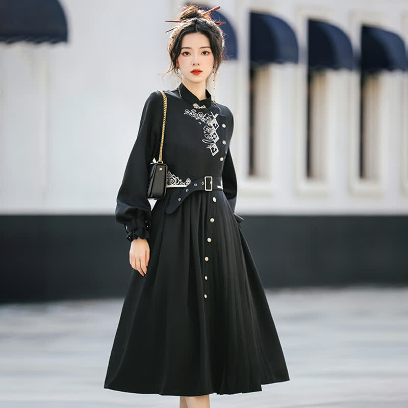 Elegant Black Vintage Embroidery Belted Pleated Dress