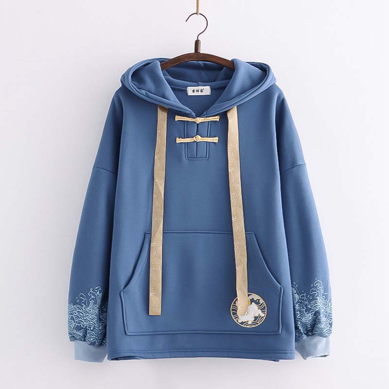 Casual Rabbit Embroidery Wave Print Hoodie